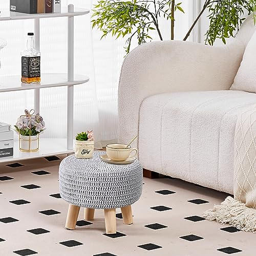 Wimarsbon Small Ottomans, 100% Hand Knitted Pouf Ottoman, Round Footrest with 4 Non-Skid Wood Legs, Boho Décor Cotton Rope Pouffe Beside Sofa, Leisure Floor Step Chair for Living Room (Grey) - color: Grey