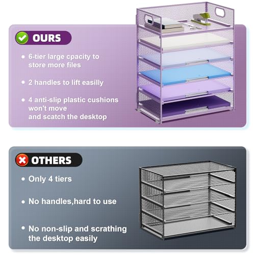 Marbrasse 6 Tier Paper Organizer Letter Tray - Mesh Desk File Organizer with Handle, Paper Sorter for Letter/A4 Office File Folder Holder - Purple - color: 6 Tier - Purple