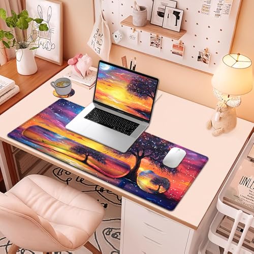 Large Mouse Pad + Keyboard Wrist Rest Set, Extended Gaming Mousepad (31.5X11.8 inch) with Non-Slip Rubber, Ergonomics Memory Foam Mouse Wrist Rest Support, Night View Pattern XXL Desk Pad - color: Yu-Mouse Pad-3-B35