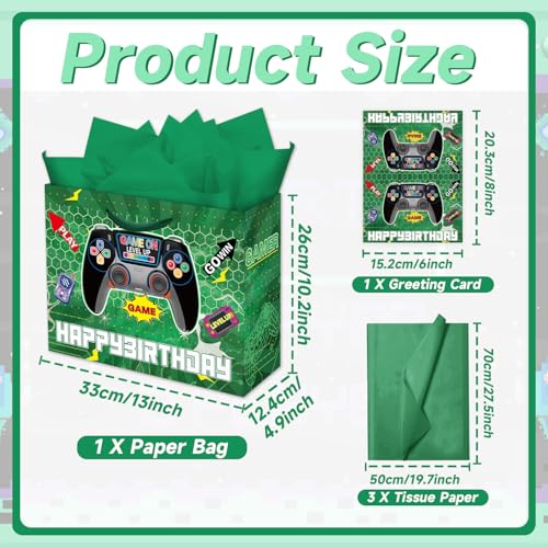 Woohookaka Gamer Birthday Gift Bags 13" Large - Controller Game Theme Party Supplies with Handle, Tissue Paper & Card for Boys Girls - color: Game