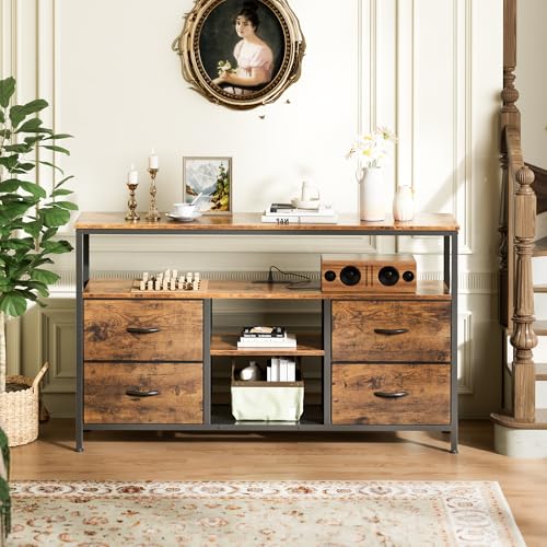 Huuger 47 Inch TV Stand Dresser with Power Outlets and LED Lights, Fabric Dresser for Bedroom, 4 Drawers Entertainment Center with Open Shelf, Media Console for 55 50 Inch TV, Rustic Brown - color: Rustic Brown, size: 47.2 Inches