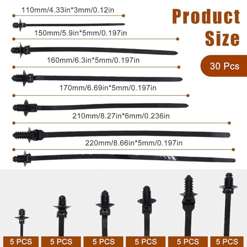 30PCS Nylon Push Mount Zip Ties, Heavy Duty Cable Tie Black Wire Tie with Push Pin Fir Tree Zipties Self Locking Design for Indoor and Outdoor (6 Types) - size: 6 Types (30Pcs)