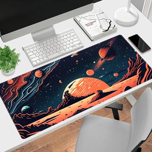 Painted Planets Desk Mat Outer Space Desk Pad, Orange Black Gaming Mouse Pad, Large Keyboard Mouse Mat Work Game, Deskmat with Stitched Edges XXL, Fun Office Decor Desk Accessories 31.5"x15.75" - color: Orange Space Planets