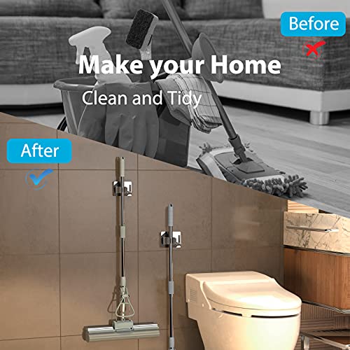 homeasy Mop Broom Holder No Drill, Mop Broom Organizer Wall Mounted Heavy Duty with Hooks Hanger, Self Adhesive Stainless Steel 6Pcs for Bathroom, Kitchen, Office (Silver) - color: Silver