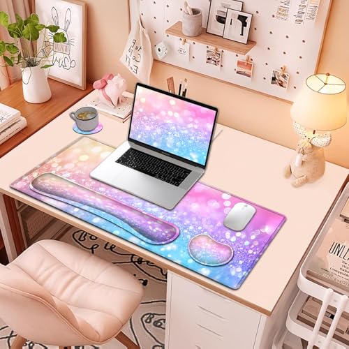 Large Mouse Pad + Keyboard Wrist Rest Set, Extended Gaming Mousepad (31.5X11.8 inch) with Non-Slip Rubber, Ergonomics Memory Foam Mouse Wrist Rest Support, Pink Purple Glitter Bokeh XXL Desk Pad - color: Yu-Mouse Pad-3-B45
