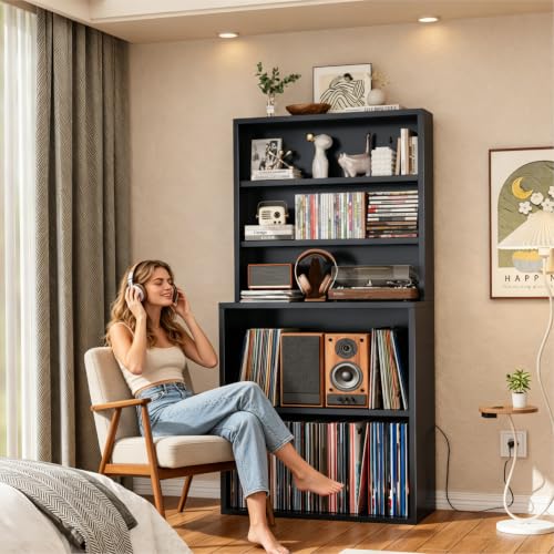 CD Storage Rack, 5-Tier DVD Organizer Shelf with Record Player Stand, Media Cabinet for CDs, DVDs, Albums, Books & Games, Vinyl Record Holder & CD Tower for Living Room, Music Room (Black) - color: Black-5 Tier (upgrades)