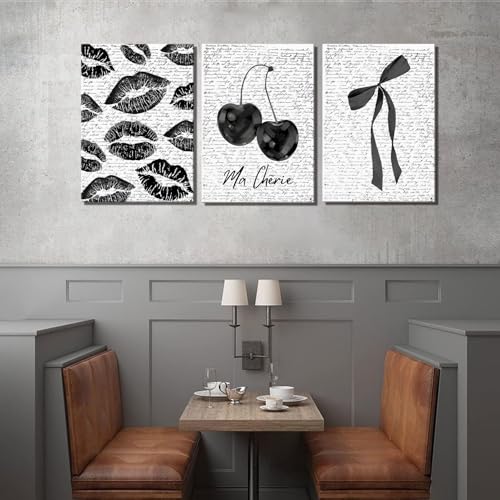 3Pcs Framed Vintage Funky Black White Lips And Cherry Canvas Wall Art | Girl Fashion Aesthetic Bow Wall Decor Ma Cherie Dark Coquette Posters Prints for Preppy Apartment Girl Room16x24in - color: canvas, size: 16x24inx3pcs