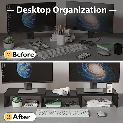 BONTEC Dual Monitor Stand Riser with Smartphone Holder, Adjustable Length & Swivel Angle, Ergonomic Wooden Desktop Organizer for PC Monitor, Laptop, Printer, Large Storage, Black - color: Black