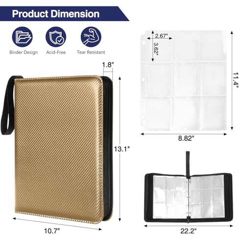 MAXECHO 9 Pocket Trading Card Binder, 1008 Pockets in 56 Removable Double-Sided Sleeves, PU Zip Card Collection Storage Organizer Album for Baseball, MTG, TCG, Sports. Gold - color: Gold