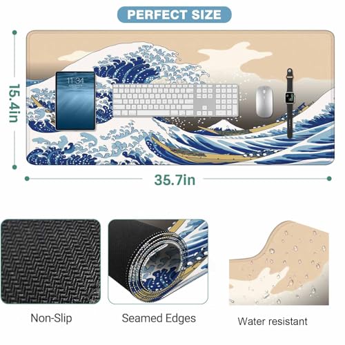 Hokusai's Great Wave Large Gaming Mouse Pad Japanese Woodblock Mount Fuji and Wave Art Long Mousepad Keyboard Mat for Desk,Office,Home 35.4"X15.7" - color: Hokusai's Great Wave