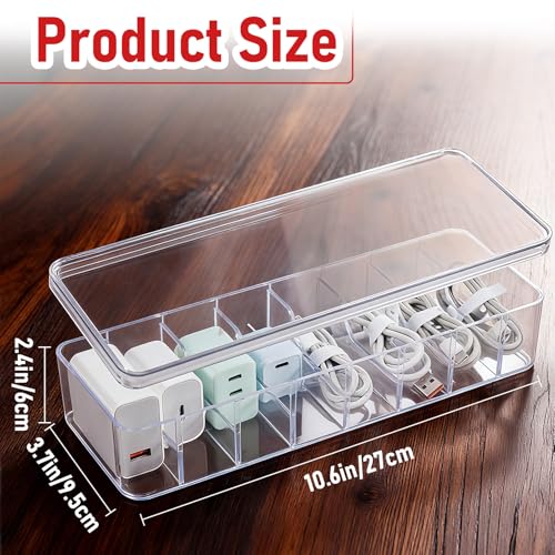 4 Pack Cable Organizer Box with Lid, Clear Plastic Cord Storage Box for Home & Office, Includes 8 Dividers & 40 Cable Ties (27 x 9.5 x 6 cm)