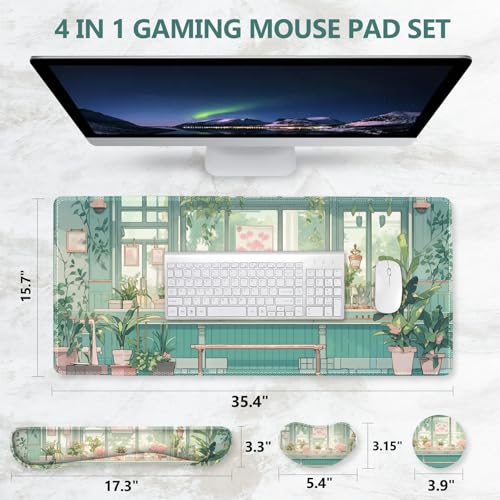 DINKY Large Mouse Pad and Keyboard Wrist Rest Set, Extended Desk Mat Keyboard Wrist Rest, 4in1 Ergonomic Memory Foam Desk Mat Protector Blotter for Home Office-Nice Green Window - color: Nice Green Window