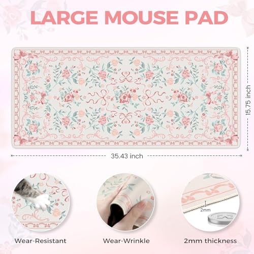 iCasso Pink Desk Mat for Desktop,Cute Desk Pad for Women,Girly Bow Mouse Pad with Stitched Edges,Non-Slip Large Computer Mat for Home Office Study Gaming - color: A-Pink Flower