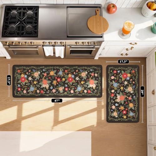 KIMODE Kitchen Mats Cushioned Anti Fatigue, Black Floral Kitchen Rugs Sets of 2, Padded Kitchen Floor Mats Non Slip, Comfort Foam Standing Mats for Laundry Office Sink Desk 17"x47"+17"x29" - color: Flower/Black, size: 17.3" x 47"+17.3" x 29"--0.47 inches