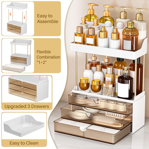 caktraie 2 Pack Bathroom Organizers and Storage - 3 Drawers 2 Tier Makeup Organizer, Cosmetic Storage Drawer for Dresser Countertop and Bathroom Vanity for Large Skincare, Perfume, Amber - color: Amber, size: 2 PACK