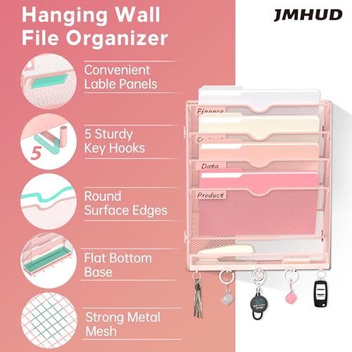 5 Tier Wall File Organizer - Hanging File Organizer with 5 Hooks, Mail Holder Wall Mounted for Papers, Folders, Magazines, Bills, Office&School Organization, Pink - color: Pink, size: 5 Tier