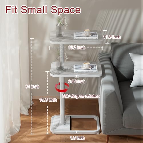 GOYLSER C Shaped Tv Trays Living Room End Table End Stand, White Marble Minimalist Wooden C Table for Sofa, Height Adjustable Tv Tray Tables Side Table for Dinner Eating - color: White Marble
