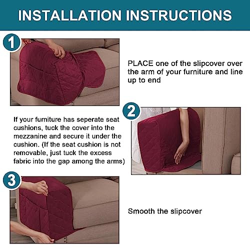Turquoize 2 Pack Waterproof Armrest Covers for Chairs and Sofas - Couch Arm Covers with Side Pocket Anti-Slip Furniture Protector Washable Slipcovers Set of 2, Burgundy - color: Single Diamond- Burgundy