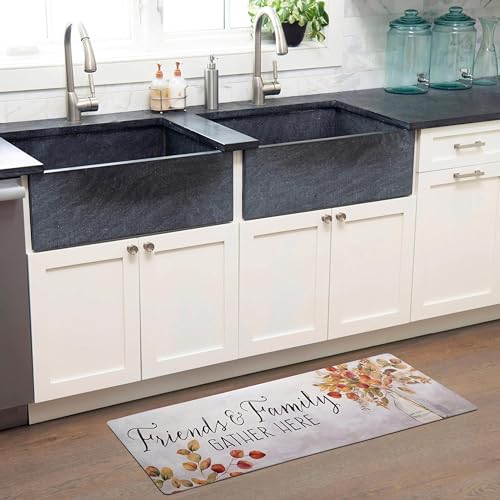 Home Dynamix Cozy Living Friends and Family Gather Eucalyptus Floral Runner Anti-Fatigue Kitchen Mat, Non-Slip Floor Mat, Padded Standing Desk Mat, Grey/Yellow, 17.5"x55" - color: Grey/Yellow, size: 55"L x 17.5"W x 0.5"Th