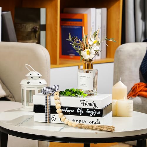 Capoda 3 Pcs Decorative Books for Home Decor Farmhouse Faux Stacked Books Wooden Rustic Table Decor with Bead Garland Twine Ribbon Faux Leaf for Table(Love) - style: Love
