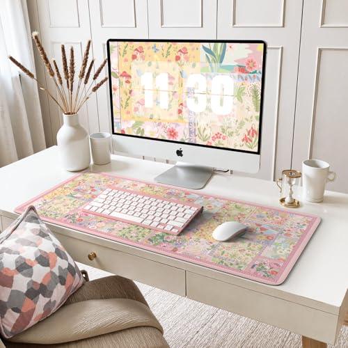 iCasso Pink Desk Mat for Keyboard and Mouse, Large Mouse Pad, Floral Desk Pad, Anti-Slip XXL Big Mousepad with Stitched Edges for Computer - color: A-pink