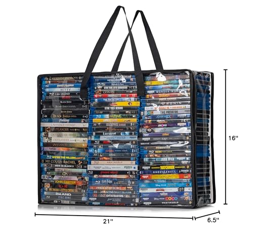 Besti Blu Ray Case Holder Organizer, Set of 2 Clear Plastic Bags with Handles for Storing Blurays, DVDs, CDs, Storage Bags for Video Game Cases, Holds Up To 90 Bluray and 60 DVD Cases (Black)