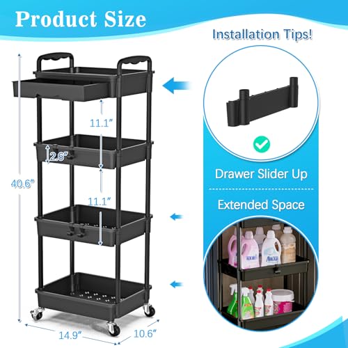 SUNALLY 4 Tier Rolling Utility Cart with Drawer, Storage Organizer Cart with 2 Lockable Wheels, Multifunctional Rolling Storage Cart for Bathroom, Kitchen, Craft, Makeup, Baby Essentials, Black - color: Black, size: 4 Tier