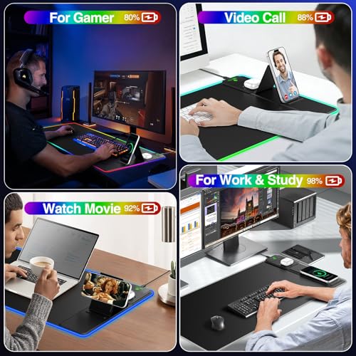 XXL RGB LED Gaming Mouse Pad with Magnetic Wireless Charging & Foldable Phone Holder, 31.5"x15.8" Extended Ultra-Smooth Desk Pad, 25 Lighting Effects, Non-Slip Base - color: RGB-31.5"x15.8"-Magnetic Stand-Right
