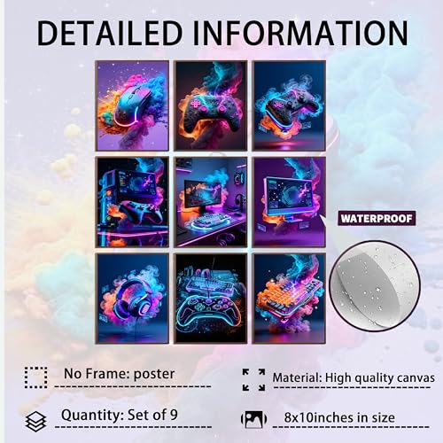 DDOPLKK Gaming Room Canvas Wall Art Set of 9, Game Posters Wall Decor, Gamer Paintings Picture Print for Boys Room Kids Game Room Bedroom Boys Home Decoration 8x10In Unframed