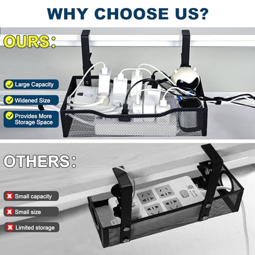 Large Under Desk Cable Management Tray - Heavy Duty Metal Cord Organizer with No Drill Installation for Office & Home Office Desks to Hide Wires & Power Strips (Black, XL) - color: Black