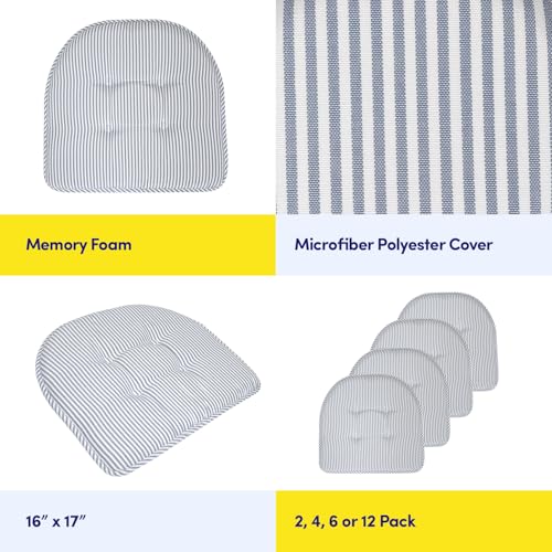 Sweet Home Collection Chair Cushion Memory Foam Pads Tufted Slip Non Skid Rubber Back U-Shaped 17" x 16" Seat Cover, Pinstripe Blue 4 Count - color: Pinstripe Blue, size: 4 Pack, style: Foam Pads