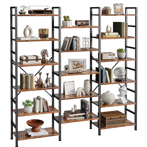 SUPERJARE Triple Bookshelf, Bookcase with 17 Open Display Shelves, Wide Book Shelf Book Case for Home & Office, 6 Tier, Brown, ABC003Z - color: Rustic Brown, size: 6 Tier