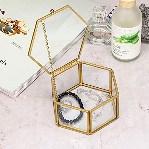 Hipiwe Vintage Glass Jewelry Box - Golden Hexagonal Jewelry Display Organizer Keepsake Box Home Decorative Box Case for Storage Trinket Ring Earring Chest - color: Gold, size: Medium