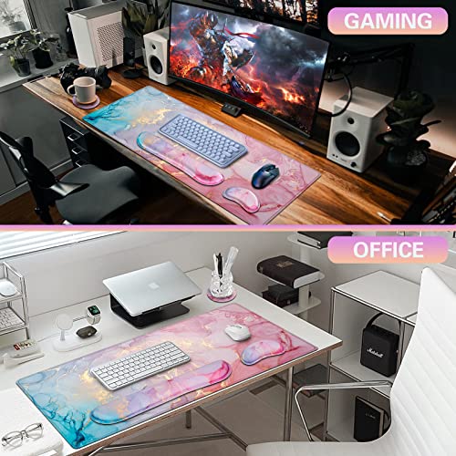 Canjoy Gaming Mouse Pad Set, 4-in-1 XXL Large Mouse Pad + Keyboard Wrist Rest Support+ Coaster, (35.4×15.7 in) Extended Desk Pad Memory Foam Non-Slip Desk Mat for Home Office - color: Pink Blue Marble