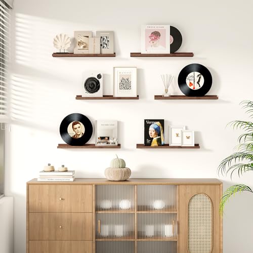 Floating Picture Ledge Shelves Set of 2, 16 Inch Solid Wood Wall Shelves with Lip, Large Nursery Book Shelf for Toys Storage, Kids Bookshelf, Living Room, Bedroom Decor Frames, Walnut Color - color: Picture Ledge Shelves,walnut, size: 16in