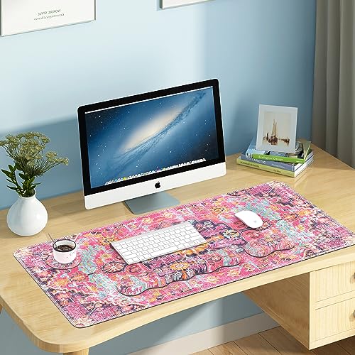 iLeadon Desk Mat Set, Mouse Pad with Wrist Rest + Keyboard Wrist Rest + Large Mouse Pad + Coaster, 4in1 Rug Large Gaming Mouse Pad Set for Home Office, Boho Retro Art - color: Boho Retro Art