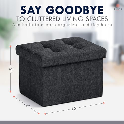 Ornavo Home Small Storage Ottoman Foldable Collapsible Rectangle Linen Ottoman Foot Rest Stool Seat, for Living Room, Bedroom, Home Office, Dorm - 12 x 16 x 12, Black - color: Black