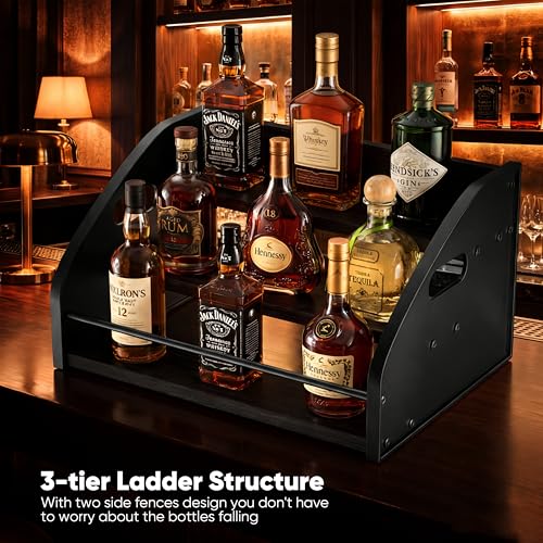 Countertop Liquor Bottle Organizer Shelf, 3-Tier | Rustic Display Rack, For Wine & Coffee Syrups, Freestanding Bar and Kitchen Storage, Easy-Carry Handles - color: 3-tier Black
