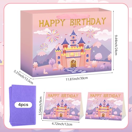 Hooqict Large Princess Gift Bag Birthday Gift Wrap Bag with Ribbon Handles, Tissue Paper, Greeting Card for Kids Girls Women Castle Princess Birthday Party Decorations Favor (Pink and Purple) - color: Princess