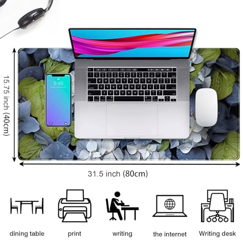 Large Desk Mat Hydrangea Floral Extended Gaming Mouse Pad, Keyboard Mouse Mat for Office & Home, Cottagecore Desk Pad XXL Computer Desktop Pad, Office Desk Accessories for Women 31.5×15.7 Inch - color: Blue and White Hydrangea