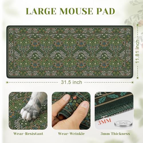 iCasso Aesthetic Floral Desk Mat, L Mouse Pads, Anti-Slip Mousepad with Stitched Edges, Waterproof Computer Pad 11.8"x31.5", Desk Accessories Office Decor for Women(Retro Green) - color: Retro Green, size: 31.5L x 11.8W inches
