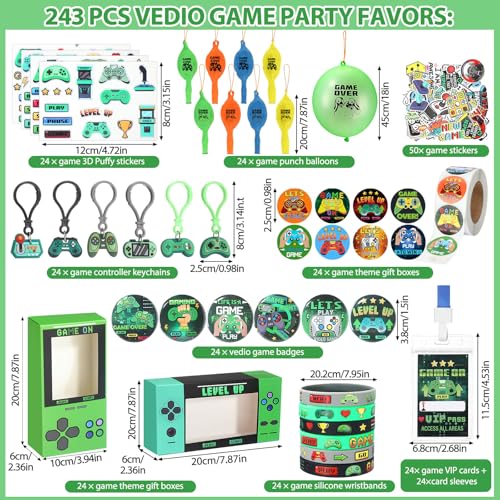 243 Pcs Video Game Party Favors for 24 Kids Gamer Goodie Bag Stuffers for Boys Gaming Birthday Party Supplies with Gift Boxes, VIP Pass, Balloons, Bracelets, Keychains, Badges, 3D Stickers - color: Green