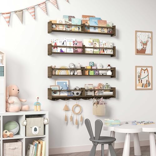 34Inch Nursery Bookshelves,Set of 4,Wall Floating Shelf Kids Coat Rack with 6Hooks,Hanging Book Shelf for Baby Nursery Room Décor (Dark Brown, 34) - color: Dark Brown
