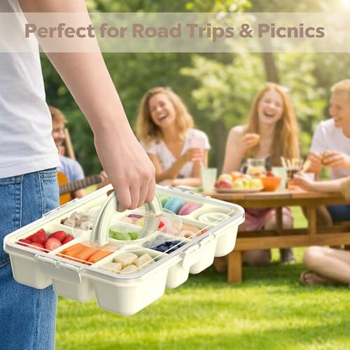 Snackle Box Container for Adults with 10 Compartment, Divided Serving Tray with Lid and Handle and 2 Sauce Containers, Portable Snack Box Container for Charcuterie Party Travel, White - color: White