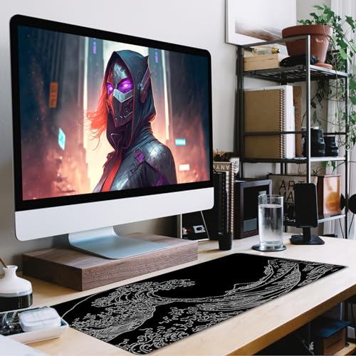 Japanese Sea Wave Mouse Pad for Gaming, Large Mouse Pad Extended (31.5X 15.75 INCH) Non-Slip Rubber Base & Stitched Edge for Computers Laptop Home Office Accessories - color: Sea wave