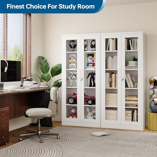 PEUKC Display Cabinet with Glass Doors, 71 Inches Metal Display Case with 4 Adjustable Shelves, Curio Storage Cabinet with Lock for Home, Office, Book, Pantry, Assemble Required (White) - color: White, size: 71 Inches - 2 Doors