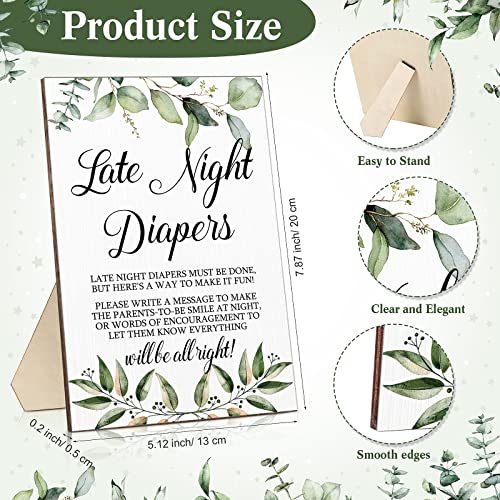 Roowest BabyShower Games Late Night Diapers Sign Wooden BabyShower Table Decorations Sign Gender Reveal Games Party Decorations Supplies with 8 Pcs Colored Markers(Greenery)