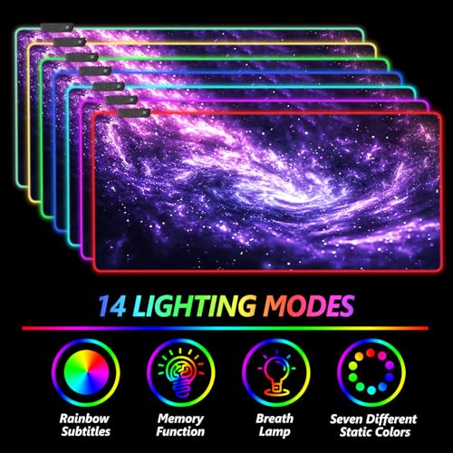 AIMSA RGB Mouse Pad LED Gaming Mouse Pad with 14 Lights Modes, Non-Slip Rubber Base Computer Carpet Desk Mat for PC Laptop (35.4 x 15.8 inch) Purple Blue Nebula - color: Purple Blue Nebula
