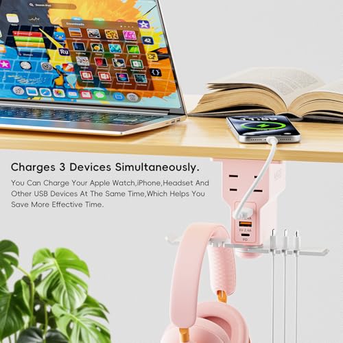 Gaming Headphone Stand with Charging Station - Aluminum Hooks Headphone Holder, Under Desk Headset Stand, 3 USB & AC Outlet, Surge Protector & Cable Organizer, Gift for Girl/Men - color: Pink