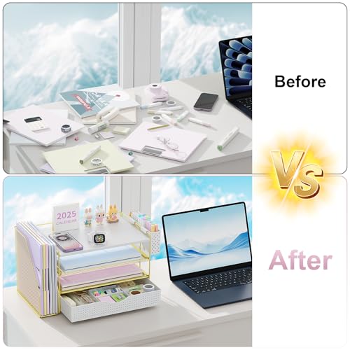 gianotter Wood Desk Organizers and Accessories with File Holder, 4-Tier Desk Accessories & Workspace Organizers with Drawer and Pen Holder, Desk Reference Organizer (Gold, 4T with Drawer) - color: Gold, size: 4T with Drawer